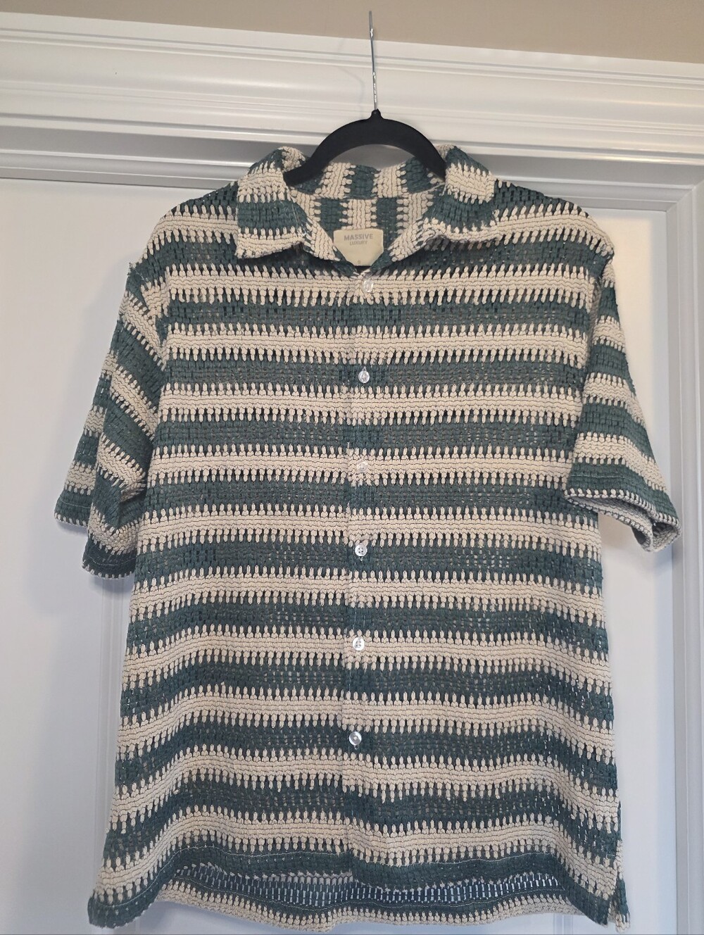 Massive Luxury Men's Green & Cream Striped Open Knit Crochet Camp Shirt Small